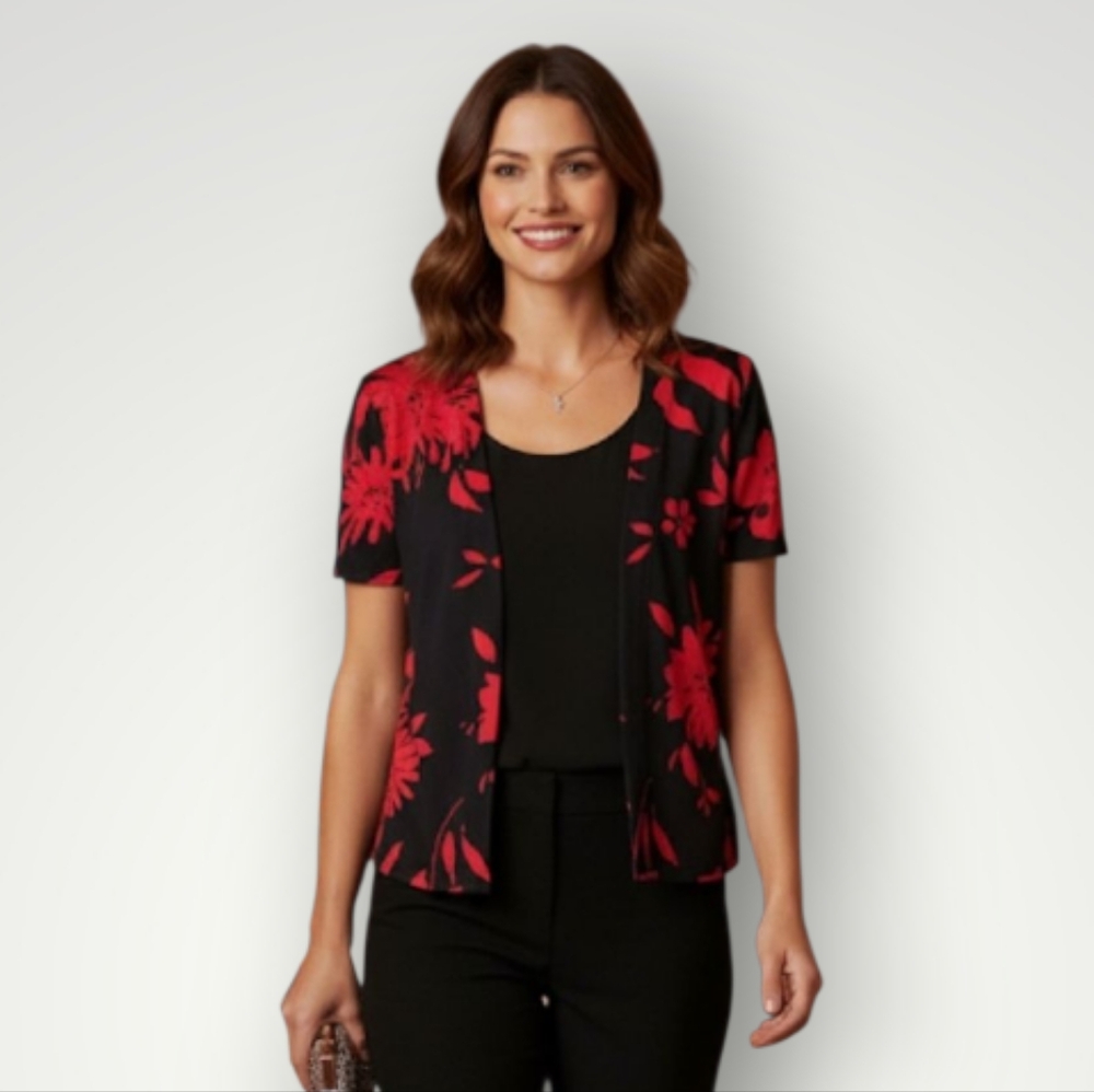 Joseph Ripkoff Top Open Short Sleeve Red Black Jacket Blouse